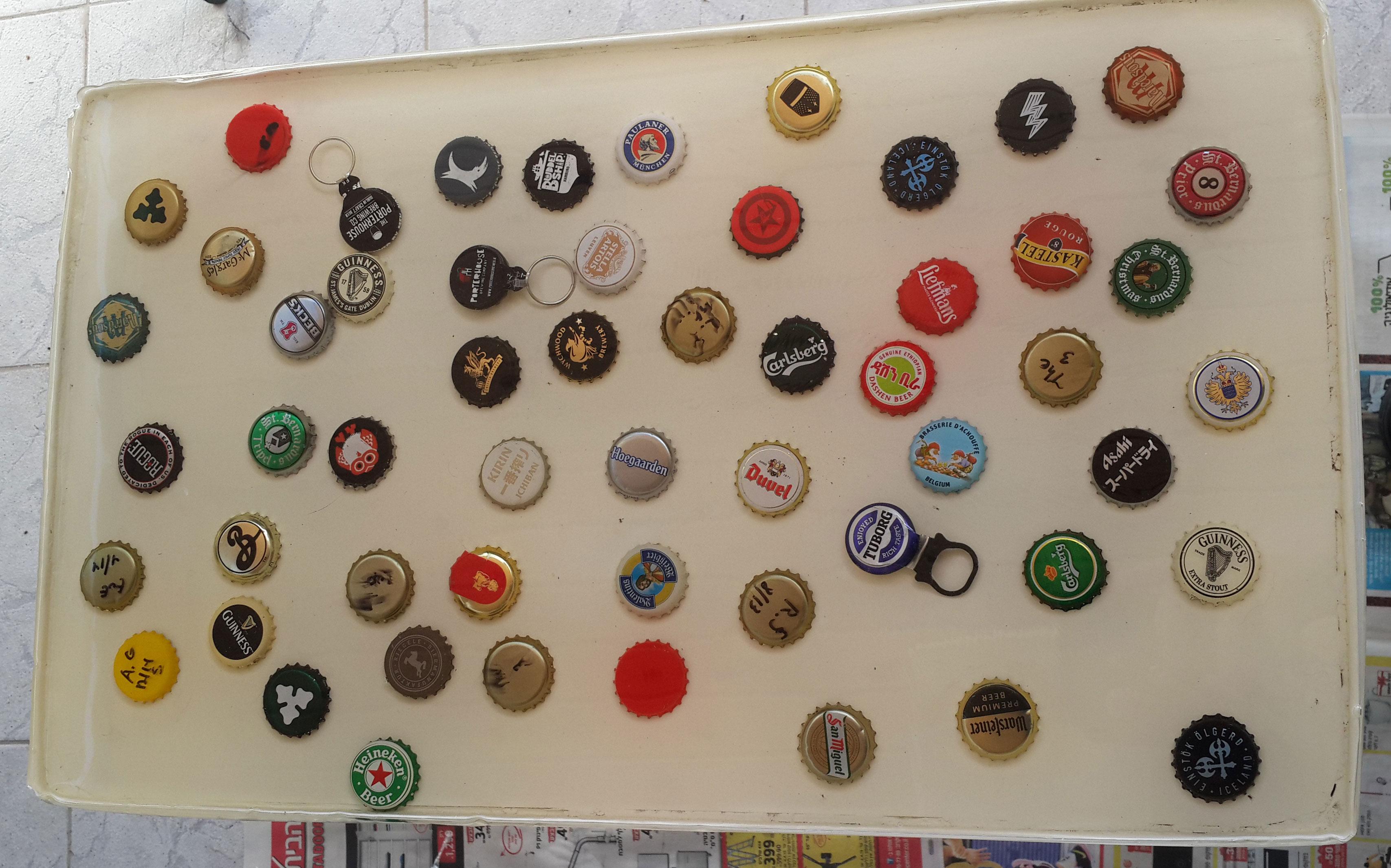 close view and low angel view of the bottles caps