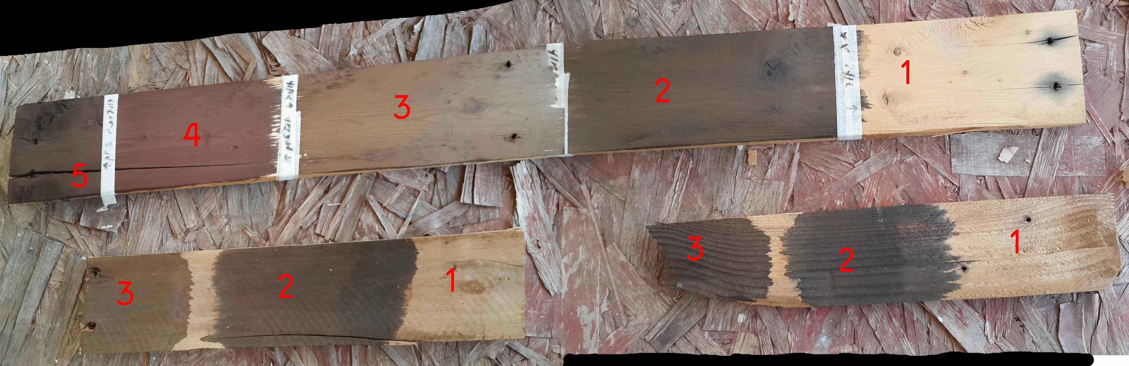 3 woods with different colors of 'aging'